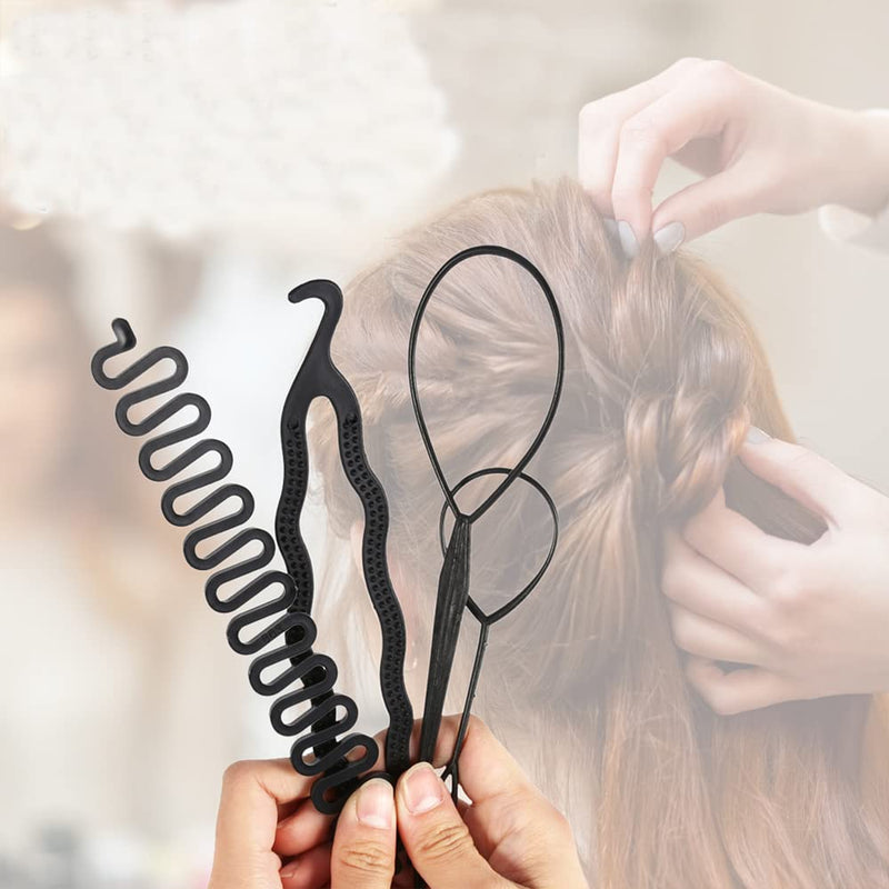 [Australia] - Hair Styling Set, Fashion Hair Design Tools Accessories Hair Style Bun Braid Maker Kit Stretch DIY Modelling Loop Tool Magic Simple Fast Spiral Hair Braiding Topsy Tail for Hairdress Girls Women(4Pcs) 