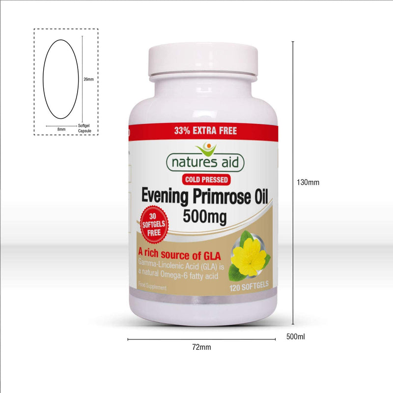 [Australia] - Natures Aid Evening Primrose Oil, 500 mg, 120 Softgels (Pure Cold Pressed Evening Primrose Oil, Omega-6 Gamma Linolenic Acid, Made in the UK) 120 Count (Pack of 1) 