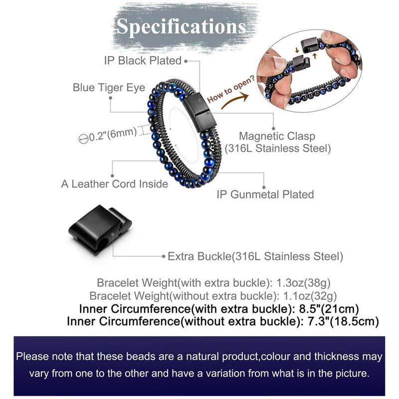 [Australia] - Murtoo Mens Bead Leather Bracelet, Natural Bead, Steel and Leather Bracelet for Men Christmas Gift Black, blue 