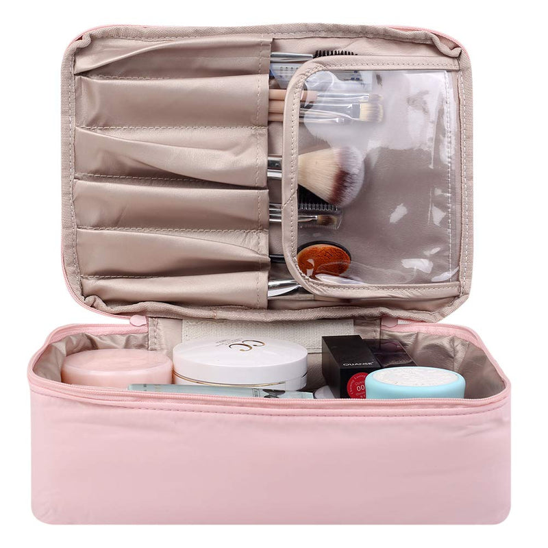 [Australia] - Cosmetic Bag, Yeiotsy Pastel Shade Travel Makeup Bags 2 in 1 Toiletry Kit Organizer with Brush Holders (Pink) Pink 