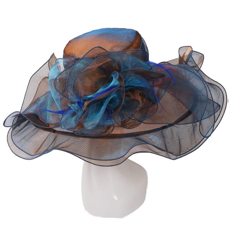 [Australia] - F FADVES Women Oganza Sun Hat Church Kentucky Derby Wide Brim Wedding Formal Fascinator Hat Blue & Coffee 