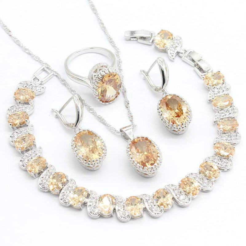 [Australia] - Aixili Oval Champagne Orange Cubic Zirconia Jewelry Set for Women with Bracelet Necklace Pendant Earring Ring Wedding Party Fashion Jewelry 7 