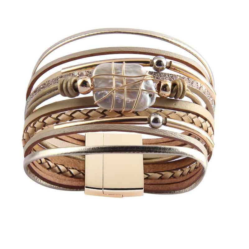 [Australia] - AZORA Womens Leather Cuff Bracelet Baroque Pearl Wrap Bracelets Gorgeous Gold Tube Bangle Handmade Wristbands Jewelry Bohemian Gift for Women, Teen Girls, Mother Baroque pearl leather bracelet-beige 