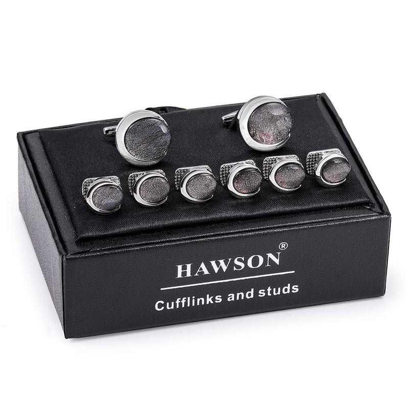 [Australia] - HAWSON Cufflinks and Tuxedo Shirt Studs Set for Men, Black Imitation Pearl Cufflinks for Men and Women Silver with Star Stone 