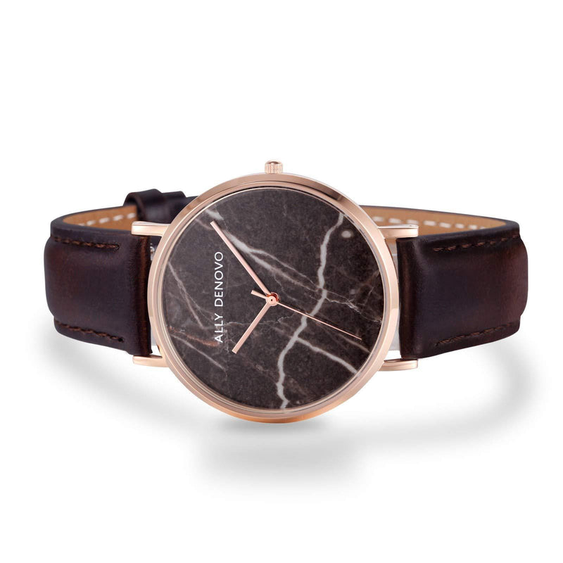 [Australia] - Ally Denovo Carrara Marble AF5005.12 Women's Watch with Leather Strap Analogue Rose Gold-Plated 