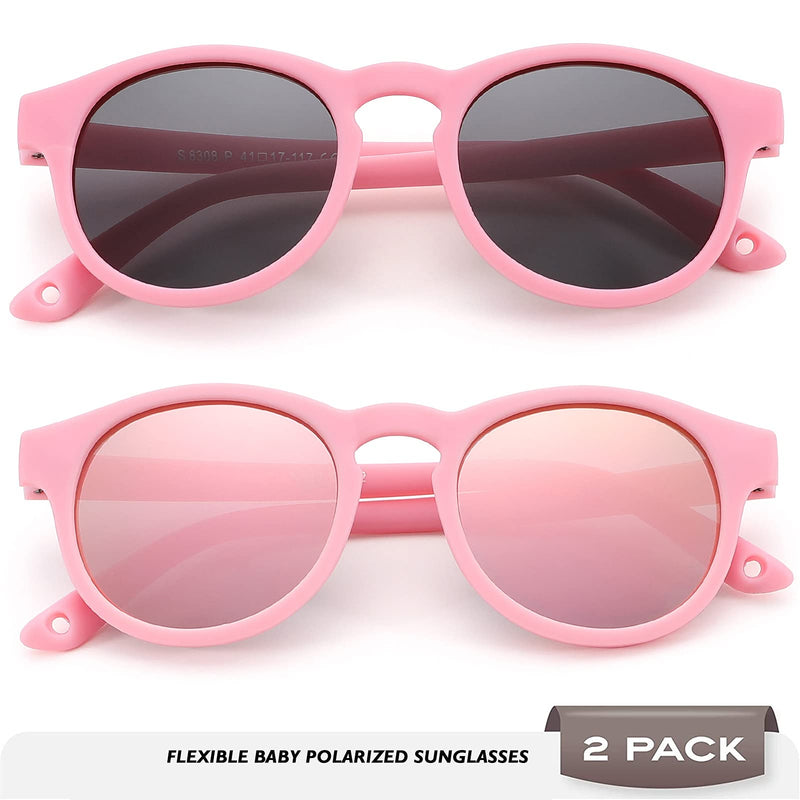 [Australia] - Baby Polarized Sunglasses for Toddler Boys & Girls Round Flexible Frame with Strap Adjustable Age 0-24 Months A1* (Pink/Pink Mirrored + Pink/Gray) - 2 Pack 40 Millimeters 