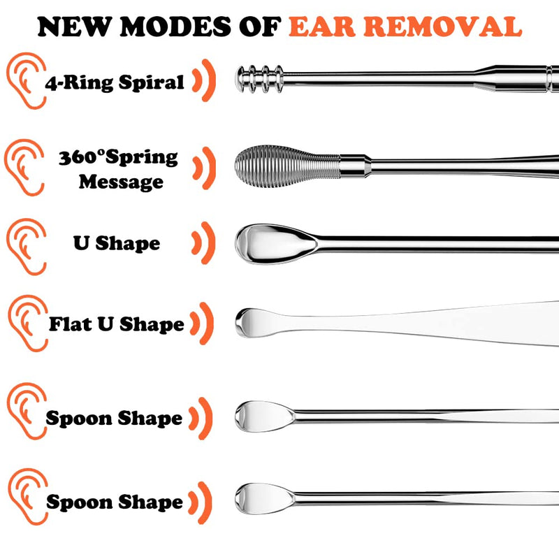 [Australia] - Ear Wax Removal Kit - Ear Wax Removal Tool 6-in-1 Reusable Ear Cleaner, Easy-to-Carry Stainless Steel Spring Ear Wax Cleaner Tool Set with Keychain, Silver 