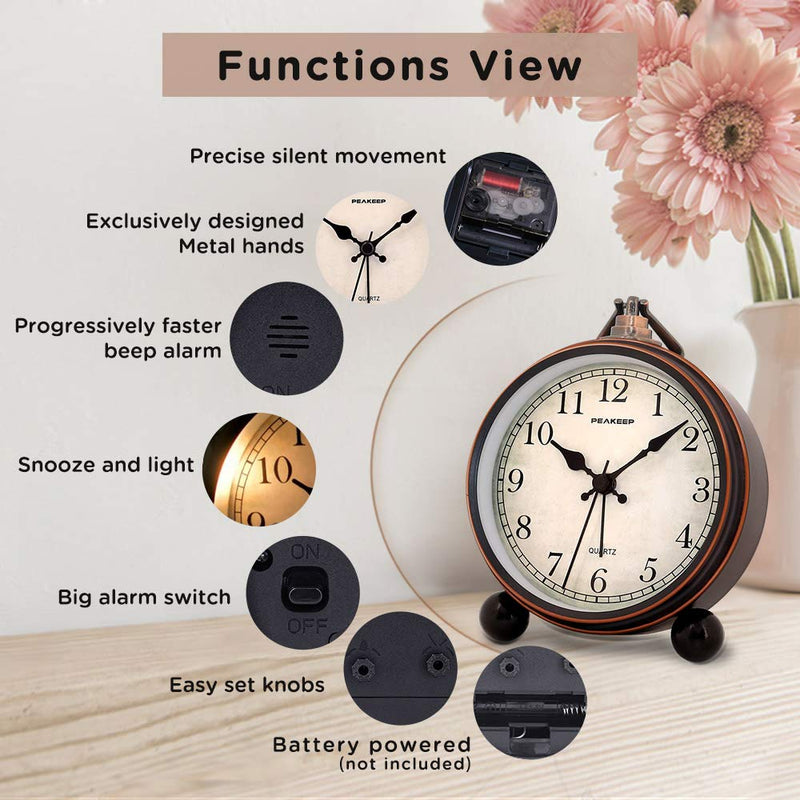[Australia] - Peakeep 4" Battery Operated Antique Retro Analog Alarm Clock, Small Silent Bedside Desk Gift Clock Black 