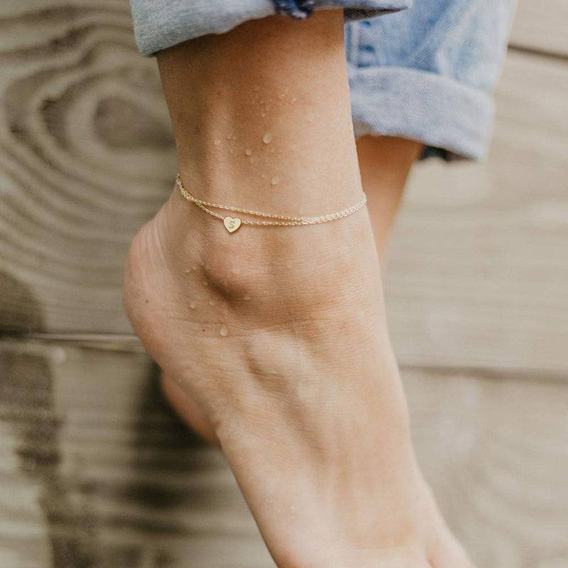 [Australia] - Ursteel Ankle Bracelets for Women, 14K Gold Plated Dainty Layered Heart Initial Anklets for Women Teen Girls J 