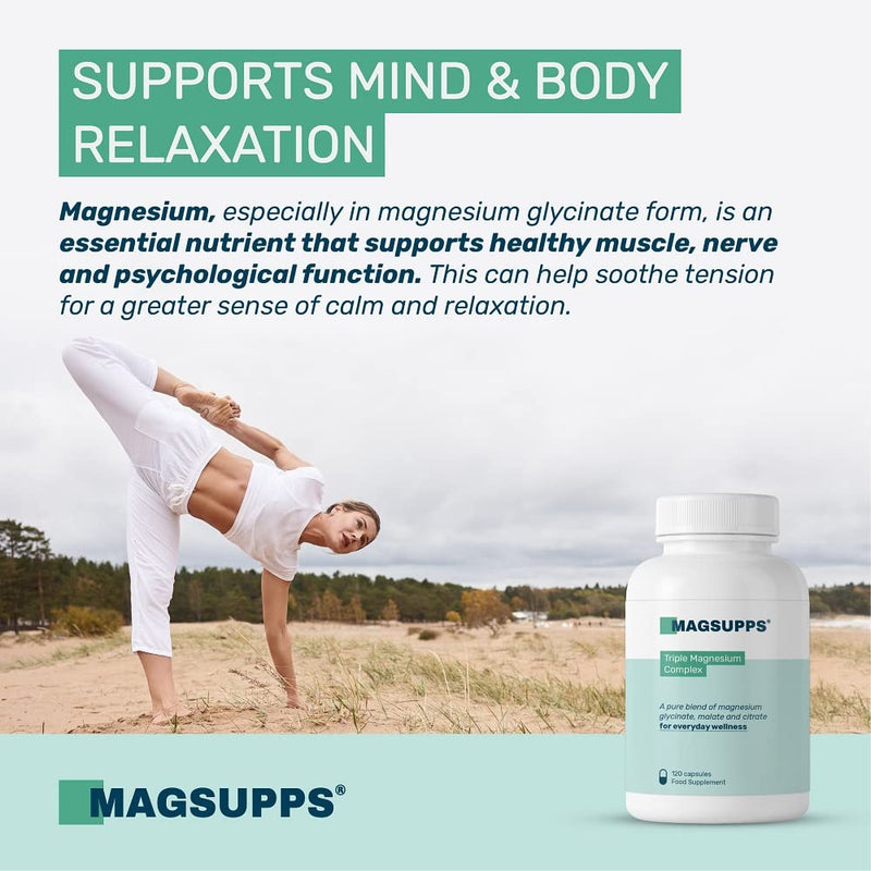 [Australia] - MAGSUPPS Triple Magnesium Complex - 300mg of Pure Magnesium Glycinate, Malate, & Citrate for Muscles, Sleep, Calm, & Energy - 40 Servings - 120 Capsules - UK Made - No Fillers 