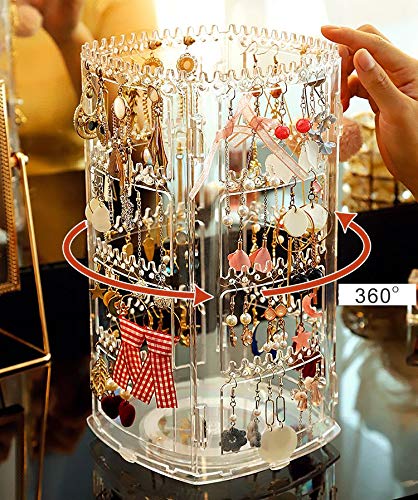 [Australia] - Cq acrylic 360 Rotating Earrings Holder and Jewelry Display Rack,4 Tiers Jewelry Rack Display Classic Stand,156 Holes For Dangle Earrings Organizer and 160 Grooves for Necklaces Display,Clear Pack of 1 