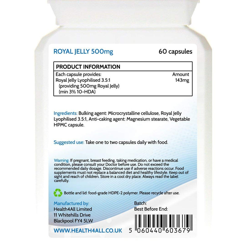 [Australia] - Royal Jelly 500mg 60 Capsules (V) (not Tablets) Anti-ageing and Immunomodulatory Supplement. Made in The UK by Health4All 60 Count (Pack of 1) 