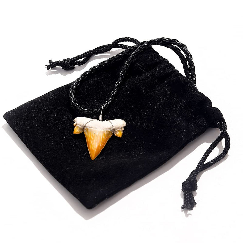 [Australia] - Fossilized Shark Tooth Necklace, Morocco Authentic Fossilized Prehistoric Shark Teeth on 20" Inch Braided Leather Cord, Hawaiian Beach Surfer Pendant, Great Gift for Men and Boys #1- approx 2.5cm 