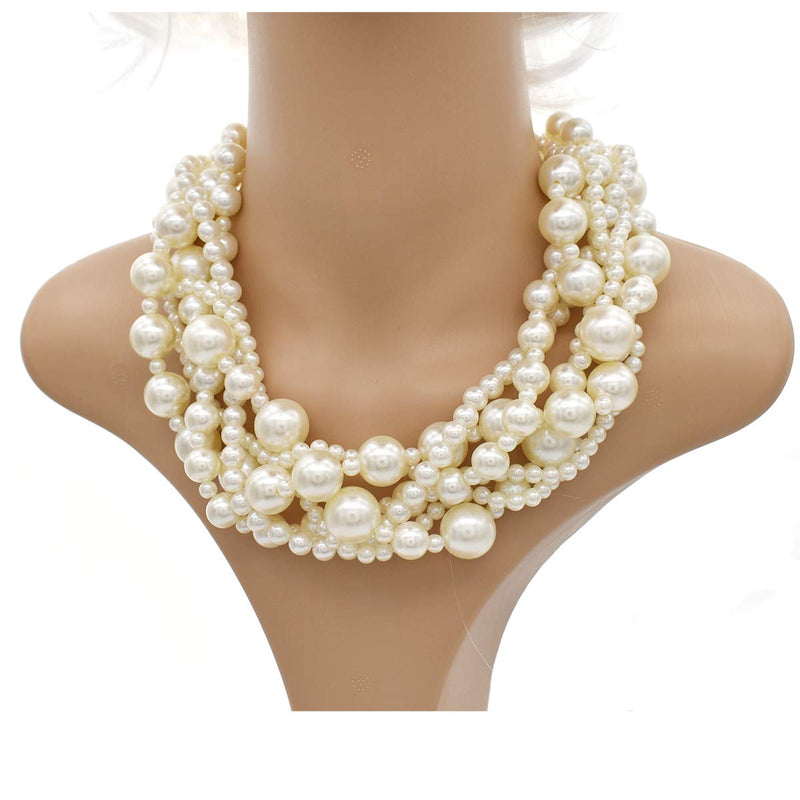 [Australia] - JNF Large Pearl Necklace Set Multi Layer Pearl Strand Costume Jewelry Sets Pearl Statement Necklace Bracelet and Earrings for Women White 