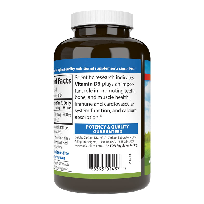 [Australia] - Carlson - Vitamin D3, 4000 IU (100 mcg), Bone & Immune Health, Cholecalciferol Supplement, Gluten Free Vitamin D Capsules, 360 Softgels 