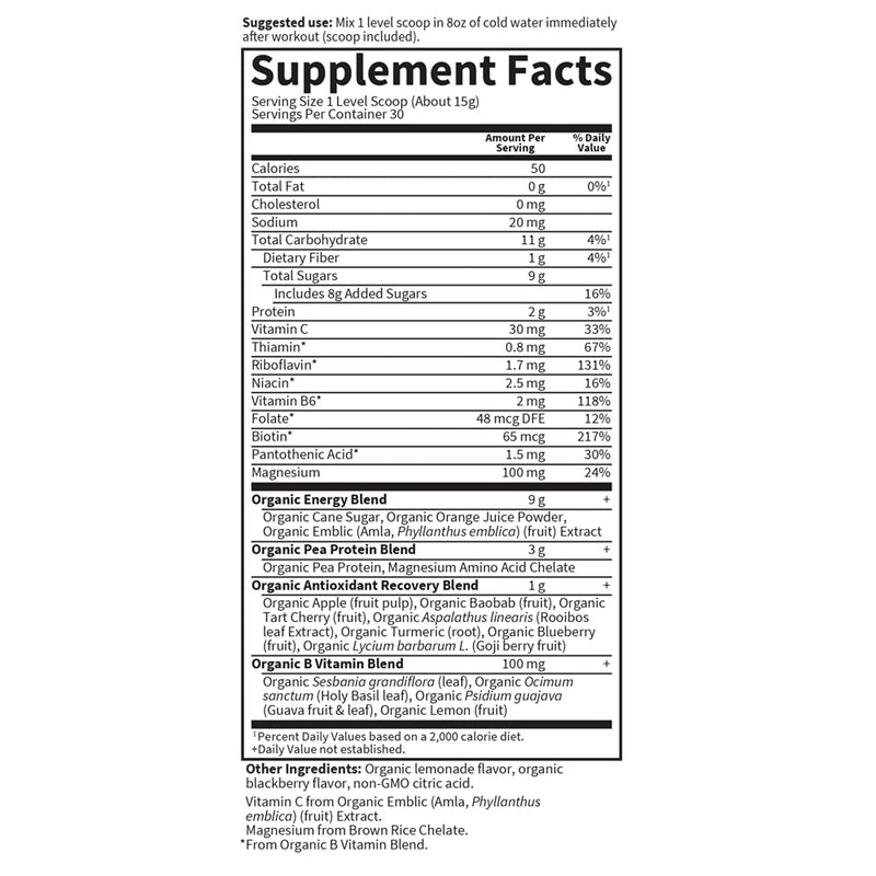 [Australia] - Garden of Life Sport Vegan Organic Plant Based Post Workout Muscle Recovery Powder for Men & Women - BlackBerry Lemonade 30 Servings, 100mg Magnesium, Antioxidants, Supplements, 15.7 Oz 