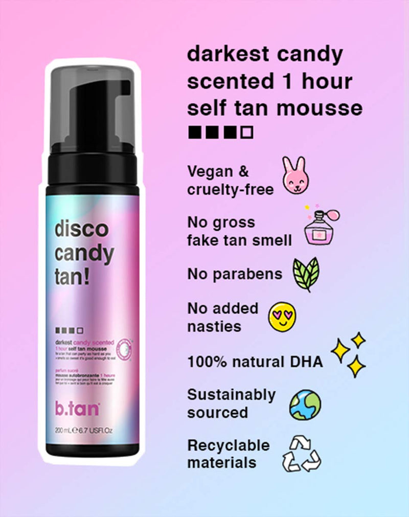 [Australia] - b.tan Self Tanner Mousse - Disco Candy Tan - Candy Scented Party Proof Self Tanner for Fast, Dark Tan, 6.7 fl oz 
