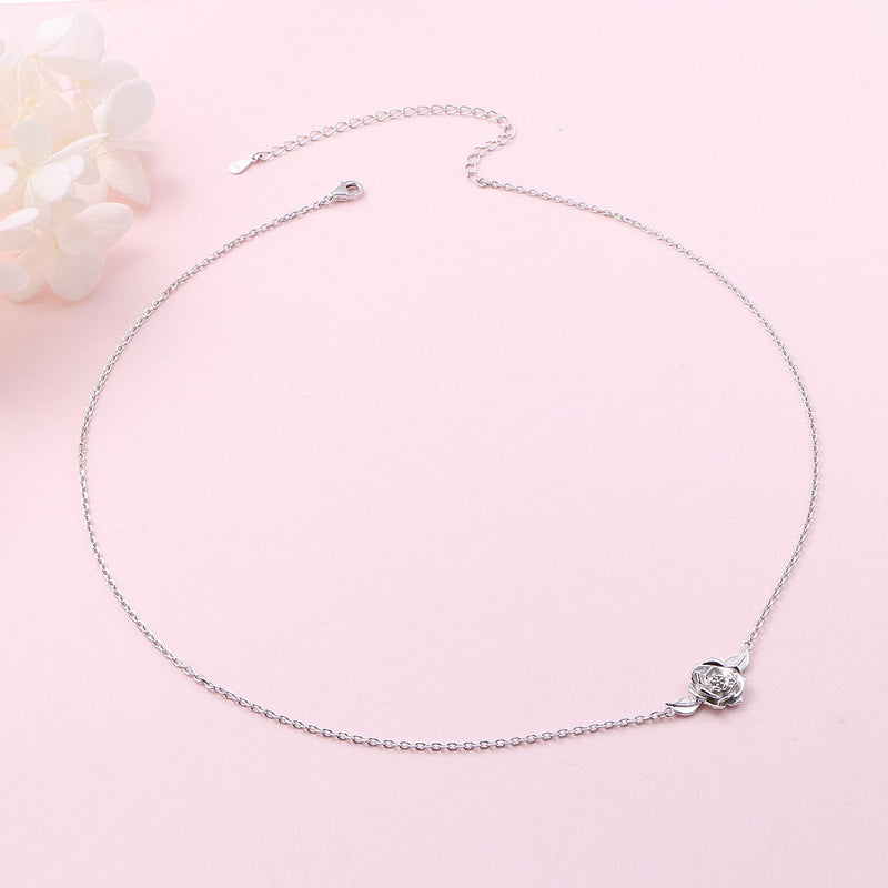 [Australia] - S925 Sterling Silver Jewelry Sideways Camellia Flower Choker Necklace 14+4" A 