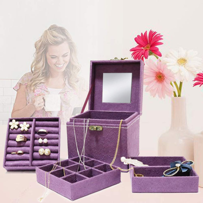 [Australia] - Darolin [Retro Three-Layer Lint] Jewelry Organizer Jewelry Box for Women Girls Kids Small Jewelry Box Travel Portable Jewelry Organizer Holder for Earrings Necklaces Bracelets Rings-Purple Purple 