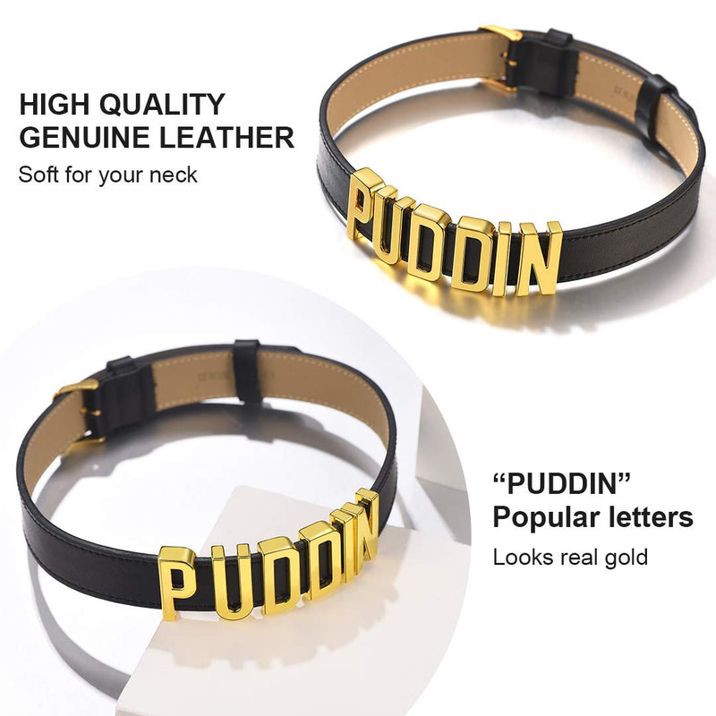 [Australia] - ChainsHouse Customized Choker Collar Necklace for Women Girls Charm/Thick Puddin/CZ Adjustable High Neck Custom Personalized Initials Name Leather Choker Necklace, Send Gift Box A: Gold Puddin Choker 