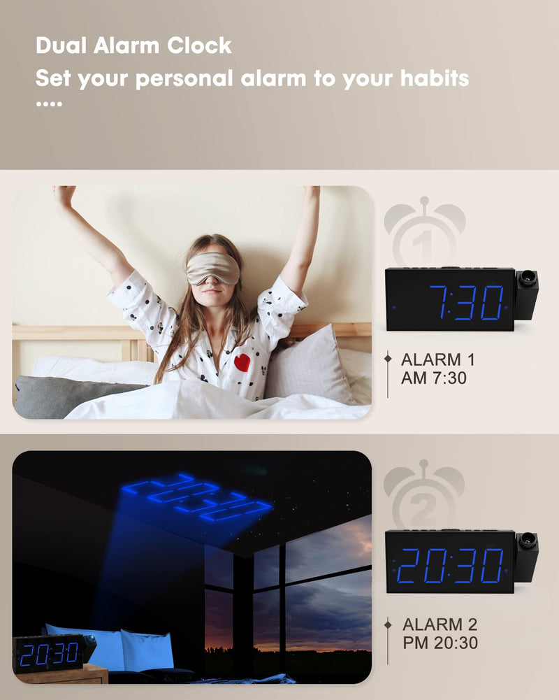 [Australia] - Projection Alarm Clock for Bedroom,LED Digital Clock Projection on Ceiling Wall with USB Phone Charging,Battery Backup,180°Projector& Dimmer,12/24H,DST,Snooze,Dual Loud Bedside Clock for Heavy Sleeper Black 