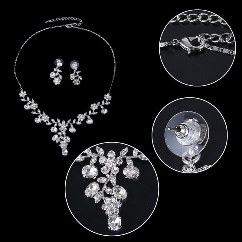 [Australia] - EVER FAITH Flower Leaf Necklace Earrings Set Austrian Crystal 1-Clear Silver-Tone 