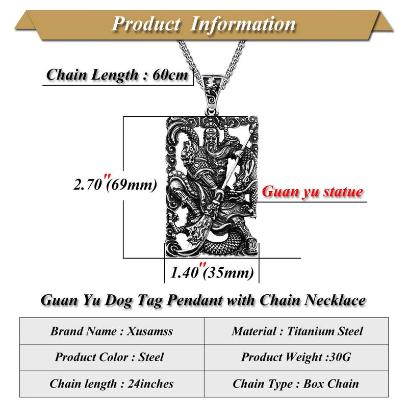 [Australia] - Xusamss Punk Rock Titanium Steel Warrior Guan Yu Dog Tag Pendant Necklace,24inches Box Chain 316L Steel Guan Yu 