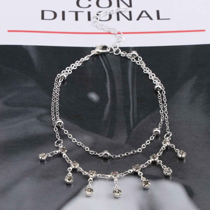 [Australia] - Yheakne Boho Layered Rhinestone Ankle Bracelet Silver Dangle Crystal Anklet Bracelets Cz Tassel Anklets Glitter Tennis Foot Chain Jewelry for Women and Girls Summer Gifts 