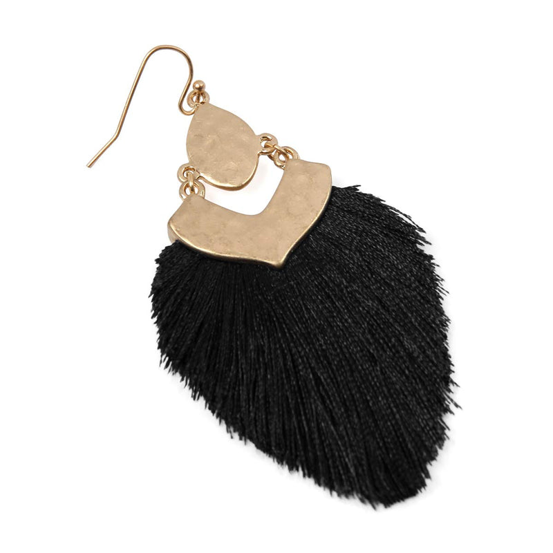 [Australia] - Bohemian Silky Thread Fan Fringe Tassel Statement Earrings - Lightweight Strand Feather Shape Dangles Bohemian Fringe - Black 