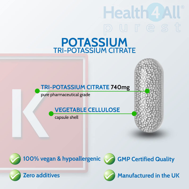 [Australia] - Potassium Citrate 740mg 90 Capsules (V) High Elemental Potassium. Purest: no additives. Vegan. Made by Health4All 90 Count (Pack of 1) 