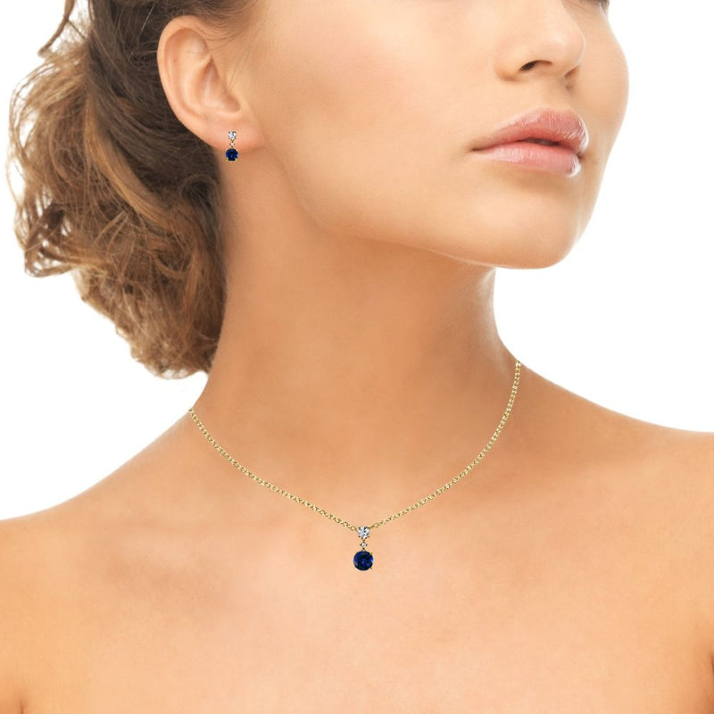 [Australia] - Sterling Silver Genuine, Created or Simulated Gemstone & White Topaz Round Three Stone Dangling Necklace & Stud Earrings Set Created Blue Sapphire - Yellow Gold Flashed 