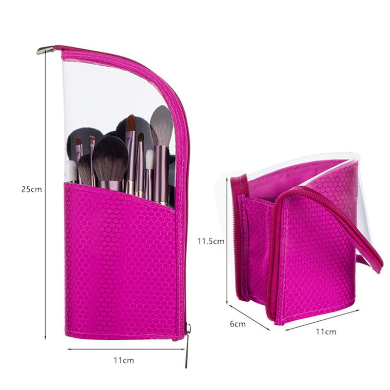 [Australia] - Travel Make-up Brush Holder Organizer Bag，Clear Plastic&Oxford Cosmetic Zippered Case，Portable Waterproof Stand-Up Makeup Brush Pouch, Professional Artist Small Toiletry Stationery Cup (Rose red) Rose red 