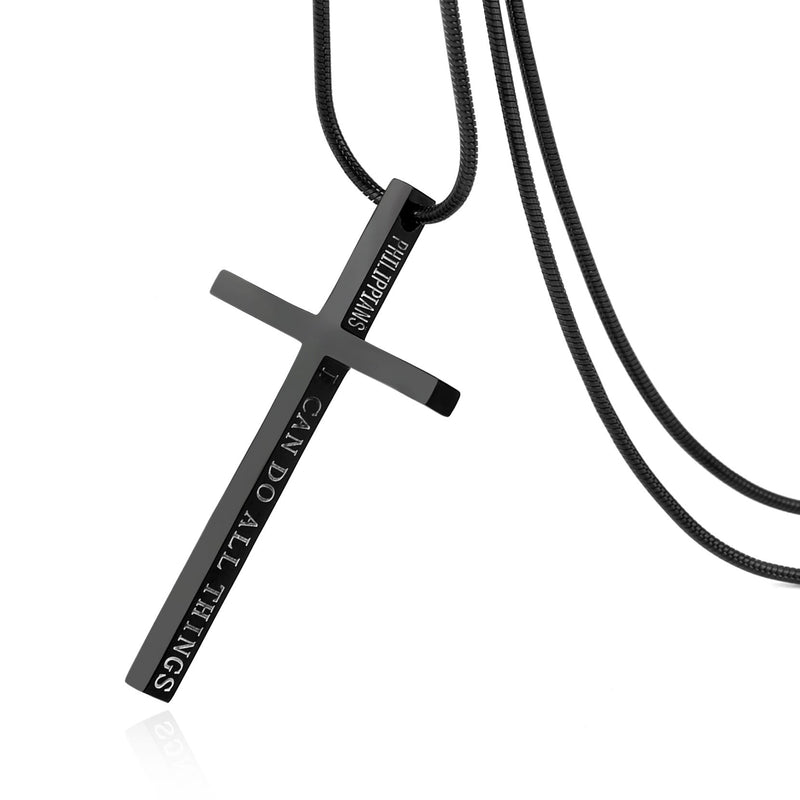 [Australia] - HZMAN Philippians 4:13 Cross Pendant Strength Bible Verse Stainless Steel Necklace Black 