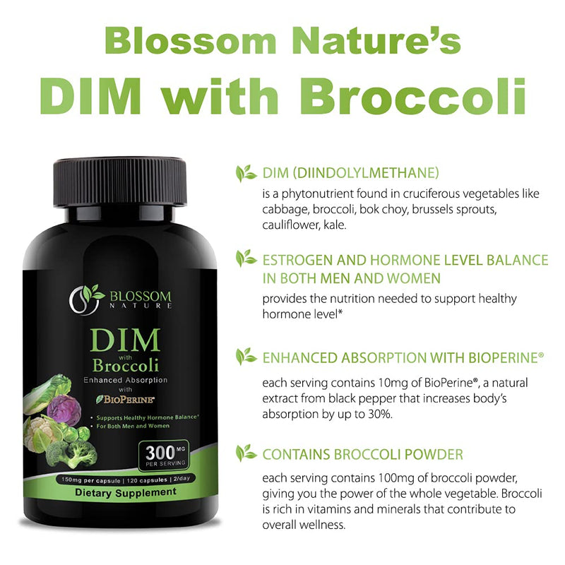[Australia] - DIM Supplement 300mg with Broccoli 200mg BioPerine 10mg-Hormone and Estrogen Balance for Women & Men,Menopause Relief,PCOS & PMS Support,Hormonal Acne Treatment-120 Caps,Diindolylmethane 150mg per Cap 