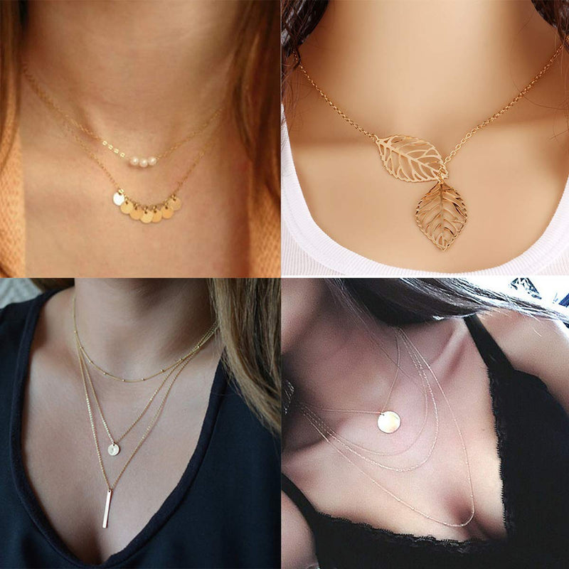 [Australia] - Dremcoue 12 Pcs Layered Choker Necklace for Women Girls Handmade Dainty Chain Necklace Set Pearl Coin Circle Bar Moon CZ Star Pendant Necklace 16 Pcs Gold 