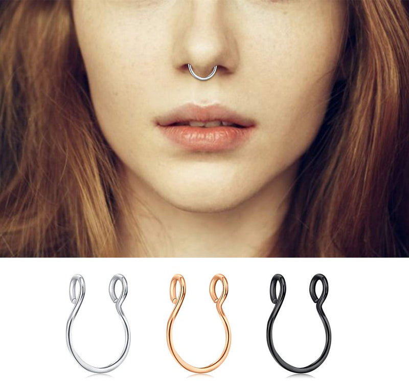 [Australia] - MODRSA Fake Nose Rings Hoop Face Septum Ring Clip on Spring Faux Lip Ring Helix Cartilage Earrings Surgical Steel Moon Ear Lobe Conch Non Piercing Jewelry for Women Girls M1 