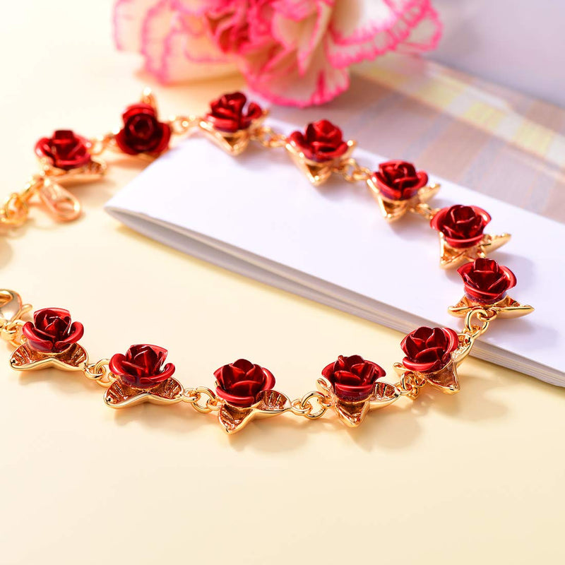 [Australia] - U7 Women Girls Rose Flower Charm Bracelet 18K Gold or Platinum Plated Link 12 Roses Jewelry Lover Gift with Custom Service, Gift Pacakage(Rose/Locket Style/ 100 Lauguages I Love You) B.Gold-(Locket Style) 
