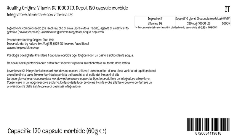 [Australia] - Healthy Origins, Depot Vitamin D3 250mcg (10,000 IU), Depot, 1 Capsule Every 10 Days, 120 Softgels, Highly Dosed, Lab-Tested, Soy Free, Gluten Free, Non GMO 