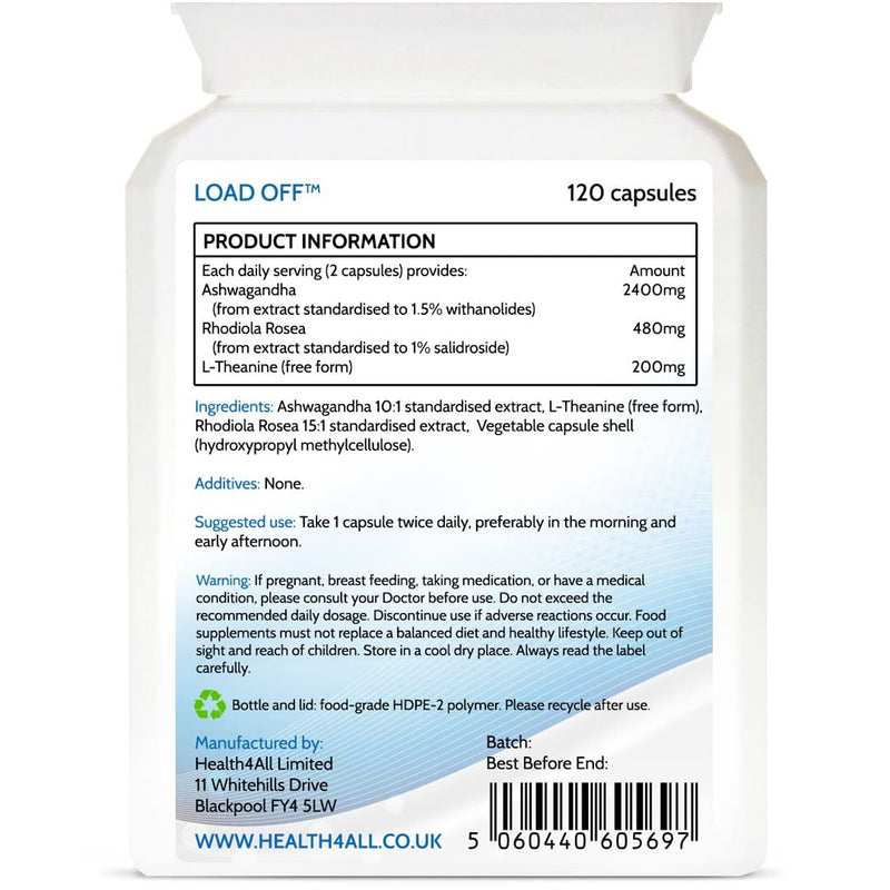 [Australia] - Load Off Adaptogen Complex 120 Capsules with Ashwagandha, Rhodiola and L-Theanine, Anxiety and Stress Support Supplement by Health4All 120 Count (Pack of 1) 