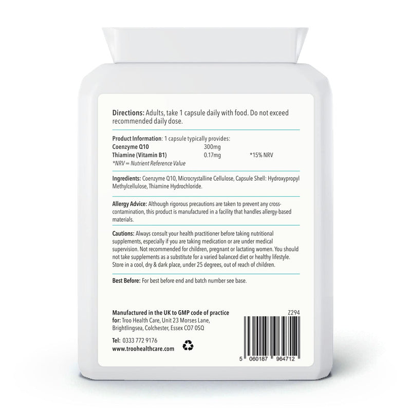 [Australia] - CoQ10 Supplement 300mg Plus - 60 Capsules - High Strength Trans Form Co Enzyme Q10 Enhanced with Vitamin B1 to Support Healthy Heart Function and Energy Metabolism - 2 Month Supply - UK Made 