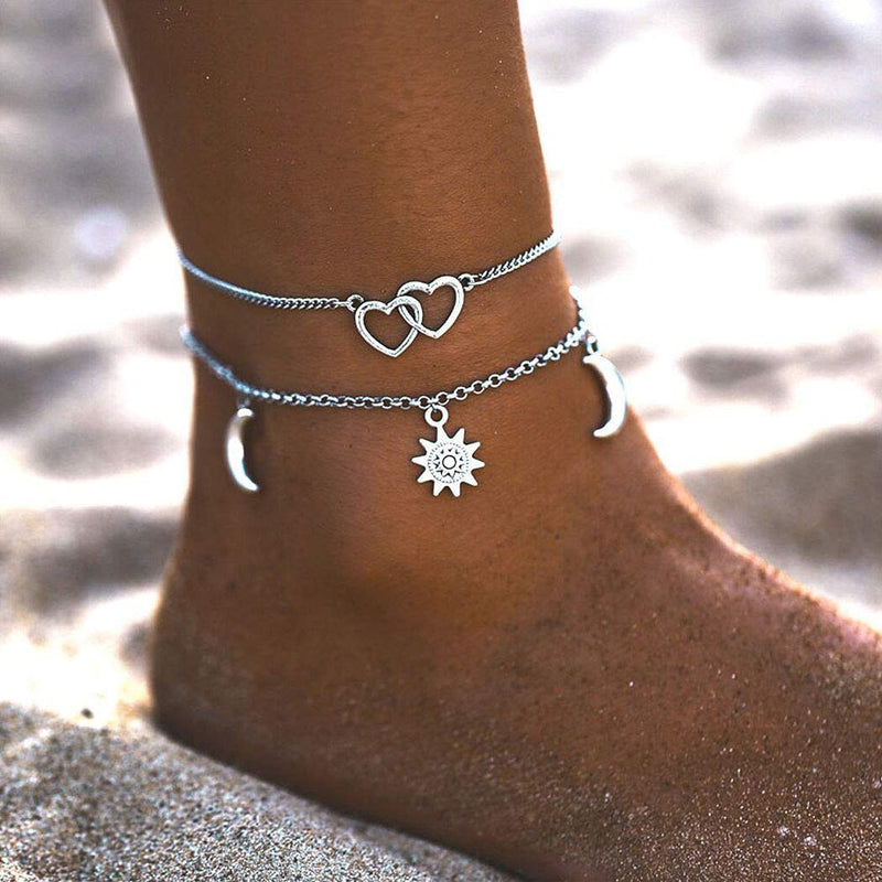 [Australia] - Dresbe Vintage Layered Anklets Silver Heart Ankle Bracelet Sun and Moon Foot Chain Beach Foot Jewelry Accessories for Women and Girls 