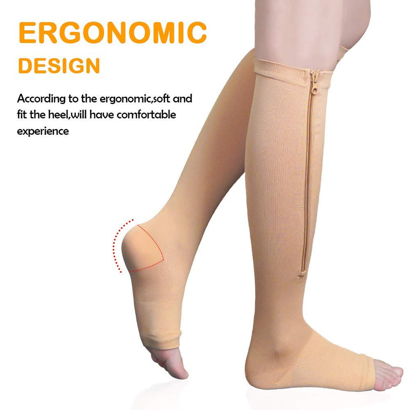 [Australia] - Compression Socks Stretchy Zipper Leg Support Open Toe Knee Stockings Unisex (3 Pairs)(L/XL) Large-X-Large Skin 