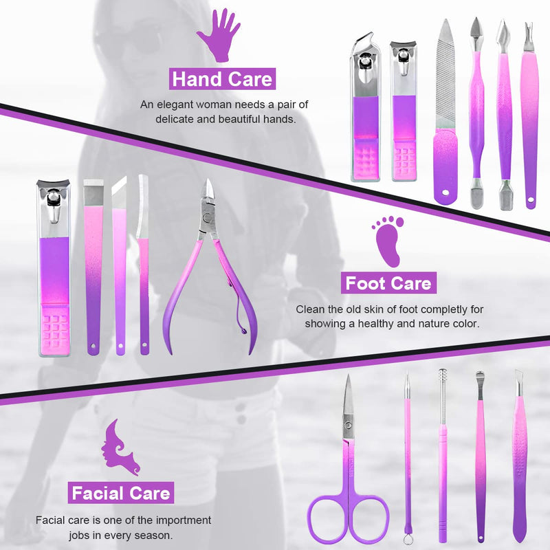 [Australia] - Manicure Set Professional Nail Clippers Kit -16Pcs Pedicure Care Tools Stainless Steel Women Grooming Kit for Travel or Home (Purple) Purple 