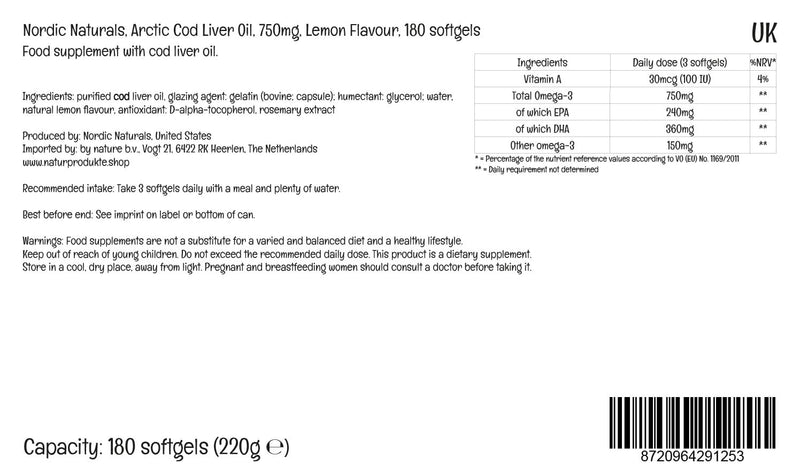 [Australia] - Nordic Naturals, Arctic Cod Liver Oil, 750mg Omega-3 from Cod Liver Oil, with EPA and DHA, Lemon Flavour, 180 Softgels, Lab-Tested, Soy Free, Gluten Free, Non-GMO 