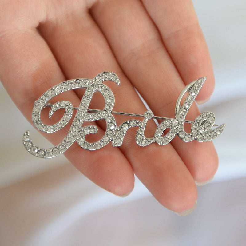 [Australia] - Mariell Crystal Rhinestone Bride Brooch Pin in Script Lettering - Bachelorette & Bridal Shower Gift! 