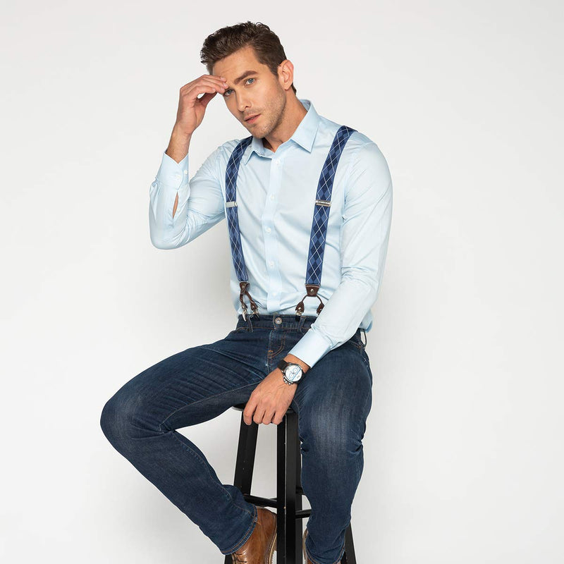 [Australia] - Y Back Mens Suspenders, with 6 Strong Clips Wide Adjustable Elastic Braces for Casual&Fomal by Grade Code Blue Argyle 