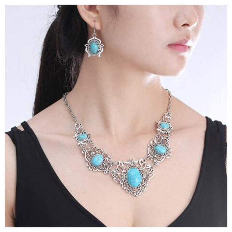 [Australia] - Turquoise Necklace Earrings Sets Bohemian Bib Pendant Costume Jewelry Fashion Geometric Flower Chain for Women and Girls Gift Christmas Thanksgiving 