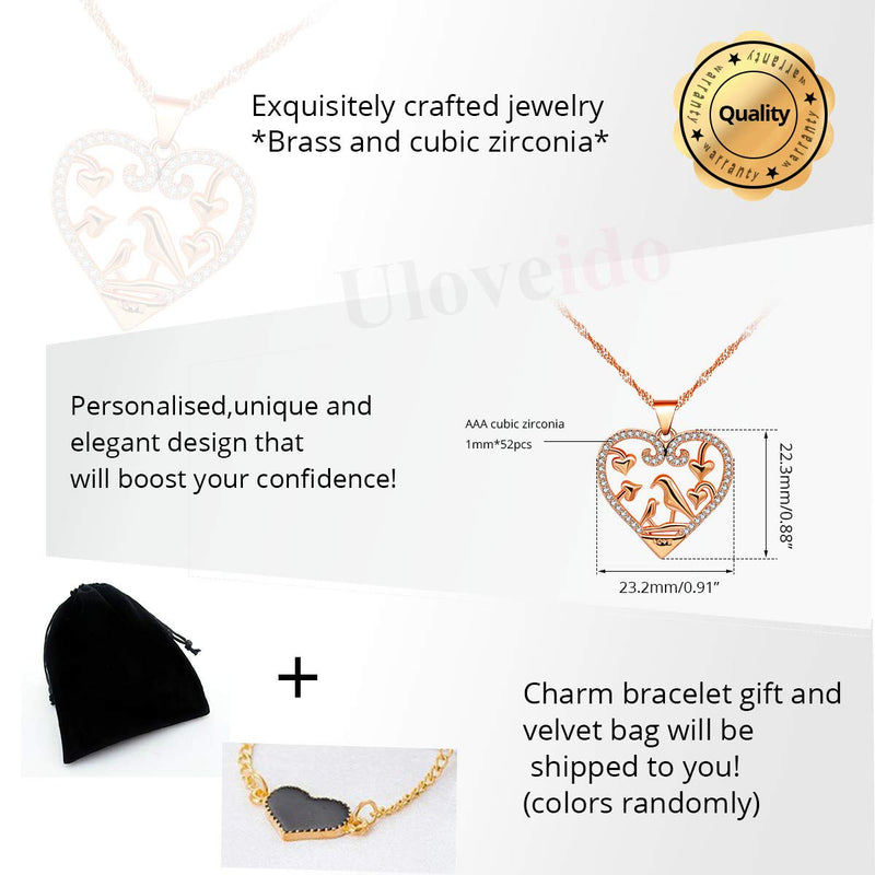 [Australia] - Uloveido Mom and Baby Hummingbird in Love Heart Pendant Necklace, 2 Birds Necklace for Mother Y483 Rose Gold 