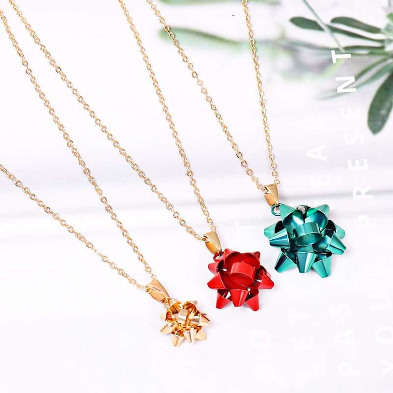 [Australia] - ALEXY 3PCS Christmas Necklaces X-Mas Gift Bow Pendant Necklaces Set Delicate Layered Chain Necklaces Party Gift for Women Girls Multicolor 