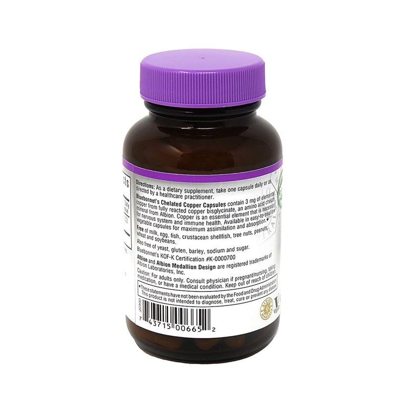 [Australia] - Bluebonnet Nutrition Albion Chelated Copper, 3 mg of Copper, For Nervous System & Immune Health*, Soy-Free, Gluten-Free, Non-GMO, Kosher Certified, Dairy-Free, Vegan, 90 Vegetable Capsule, 90 Servings 